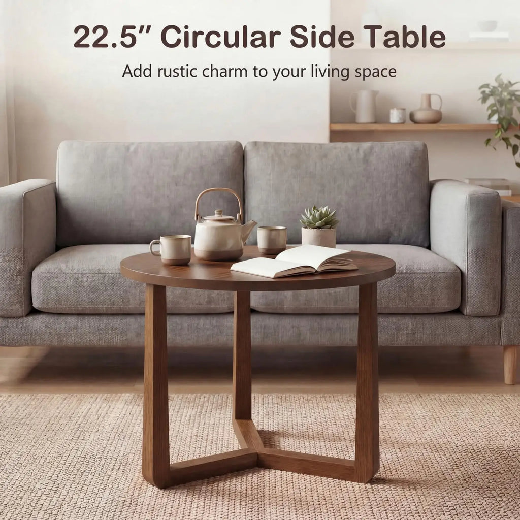 Round Side Table w/ Sturdy Rubber Wood Legs & Triangular Structure
