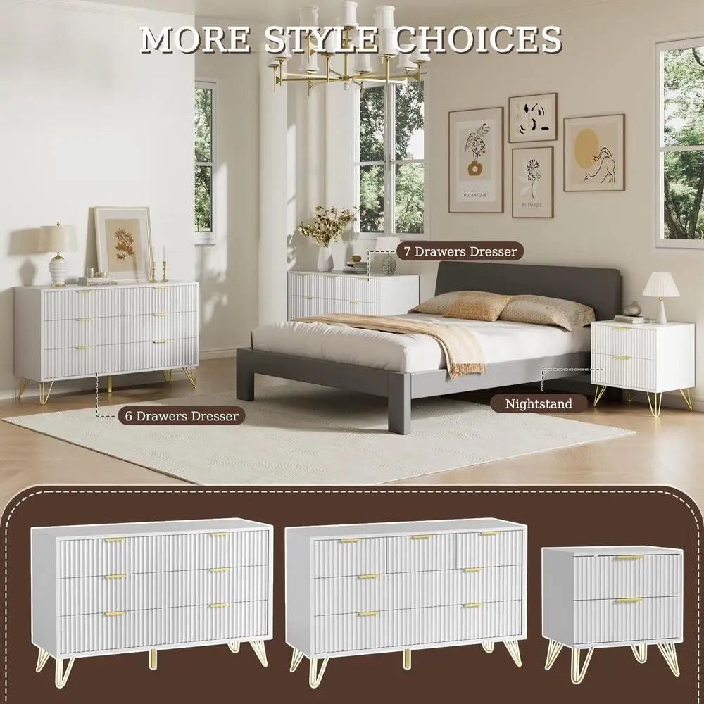 Fluted 3 Piece:  6-Drawer Dresser, (2) 2-Drawer Nightstands