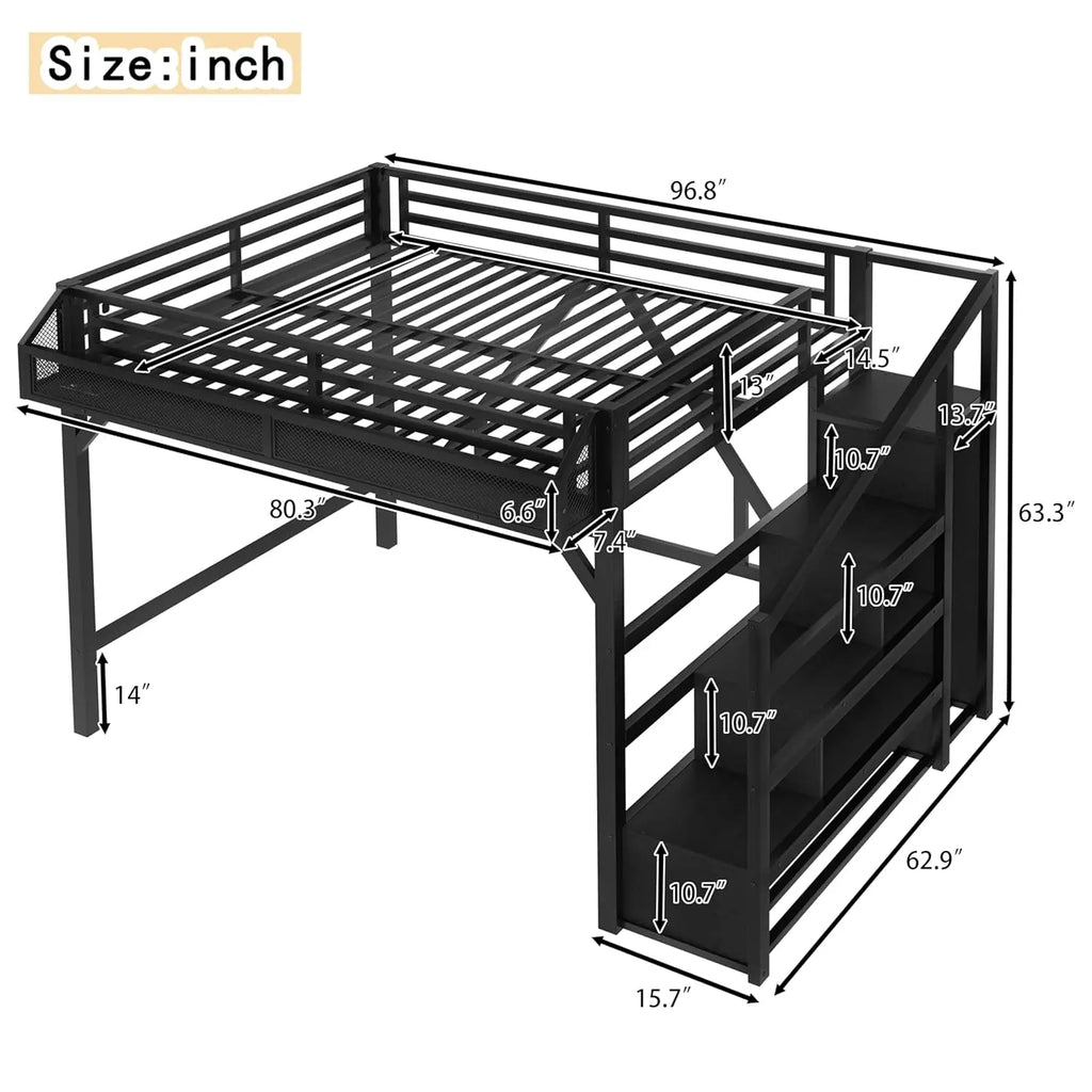Metal Queen Size Heavy Duty Loft Bed, Stairs, Wardrobe, LED, Charging Station
