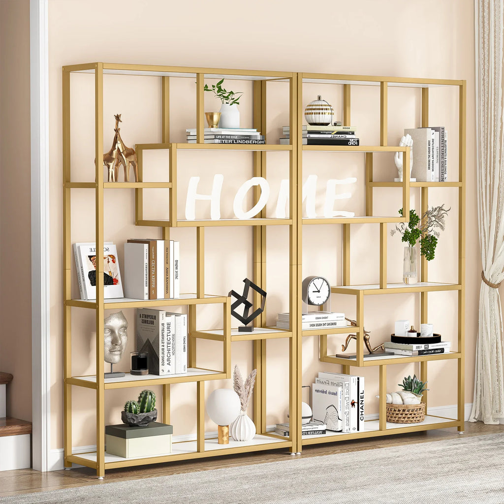 8-Open Gold Shelf Etagere Bookcase with Faux Marble