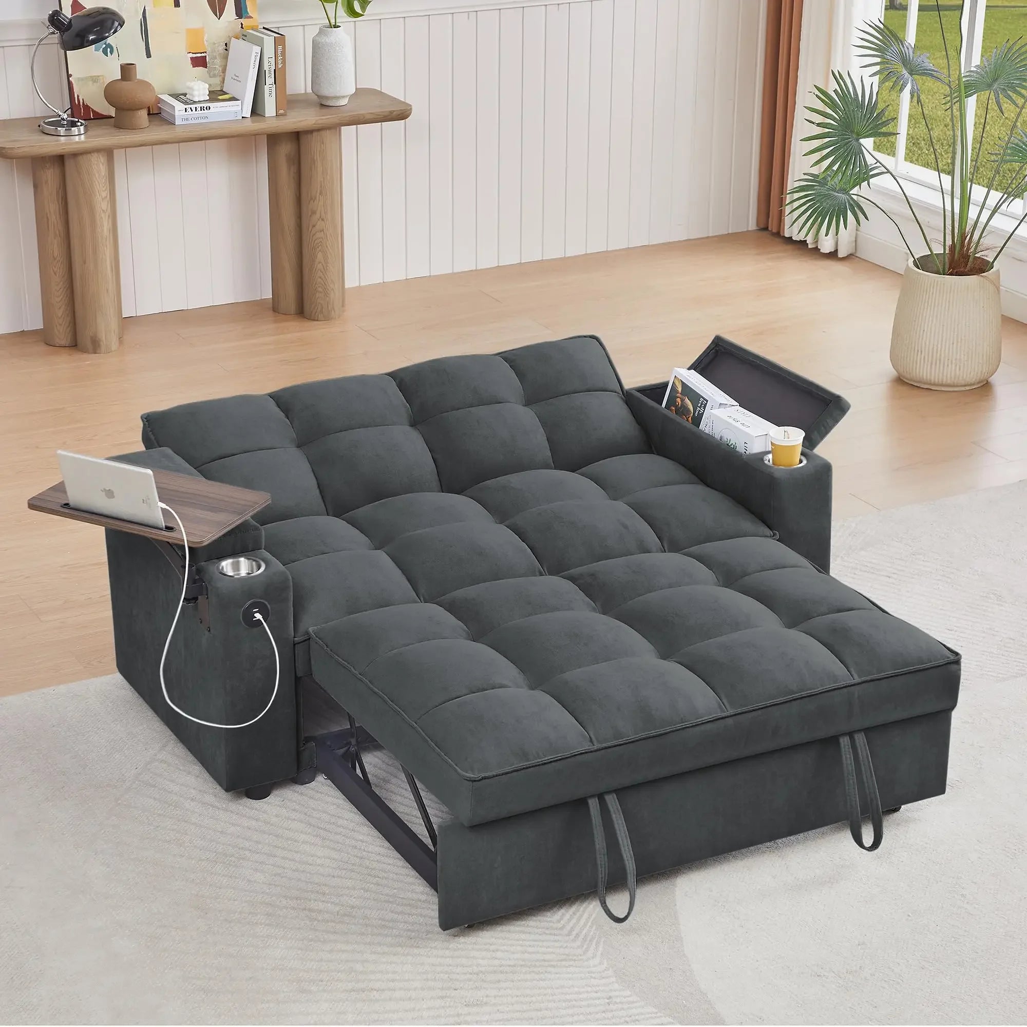 65'' 3-in-1 Folding, Pullout, Convertible Sofa Bed, 360° Swivel Side Table