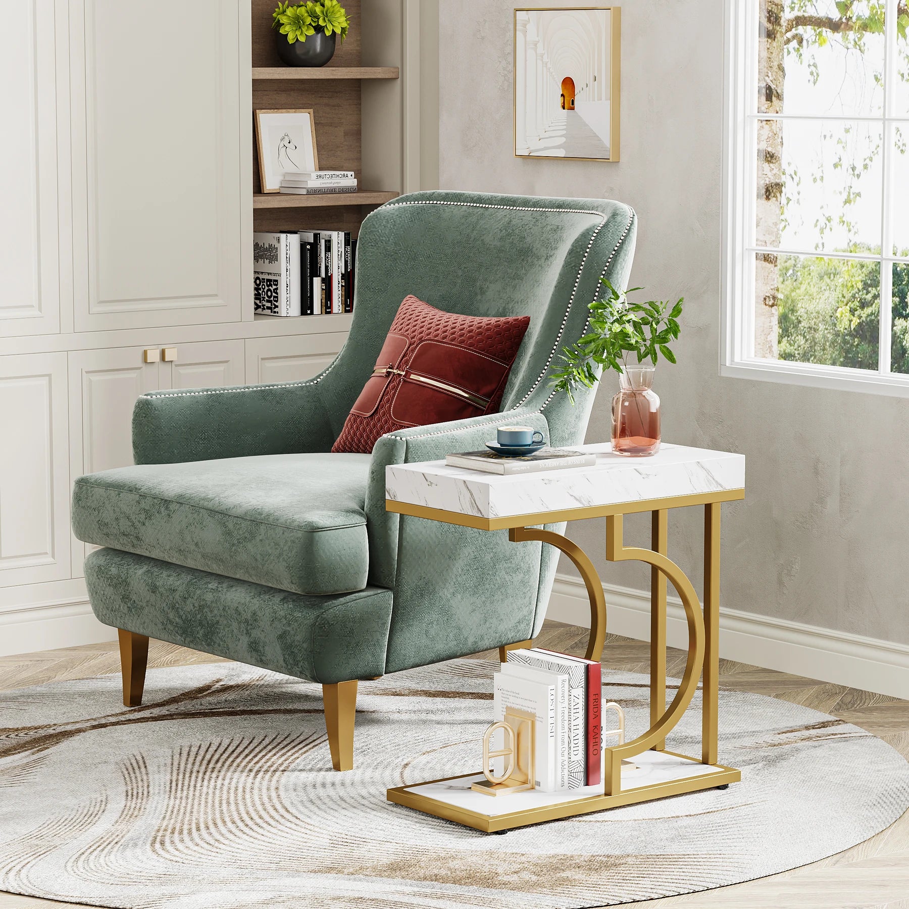 Narrow Side Table White Gold C Shaped End Table