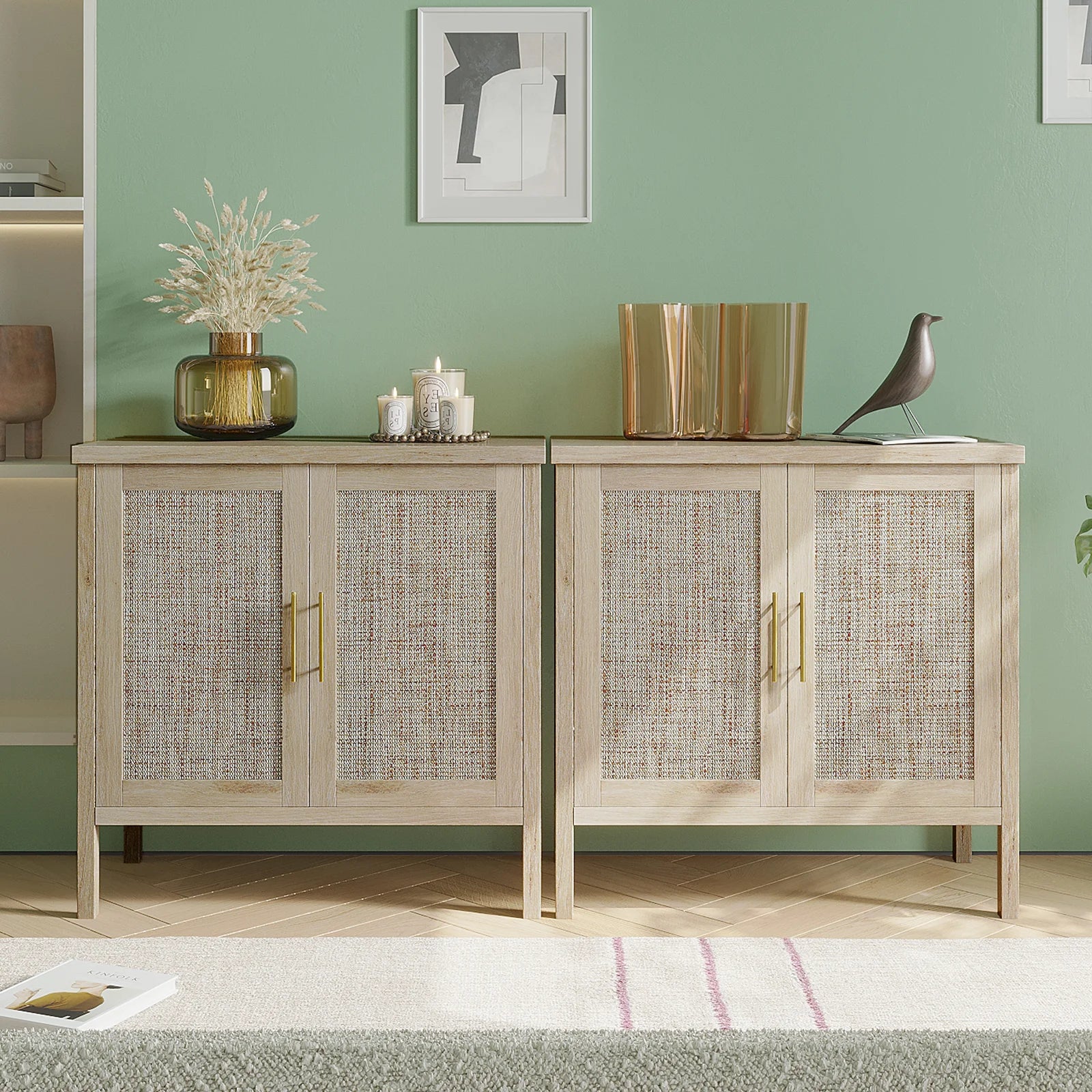 Buffet Cabinet Sideboard with Rattan Decorated Doors, Storage Cupboard