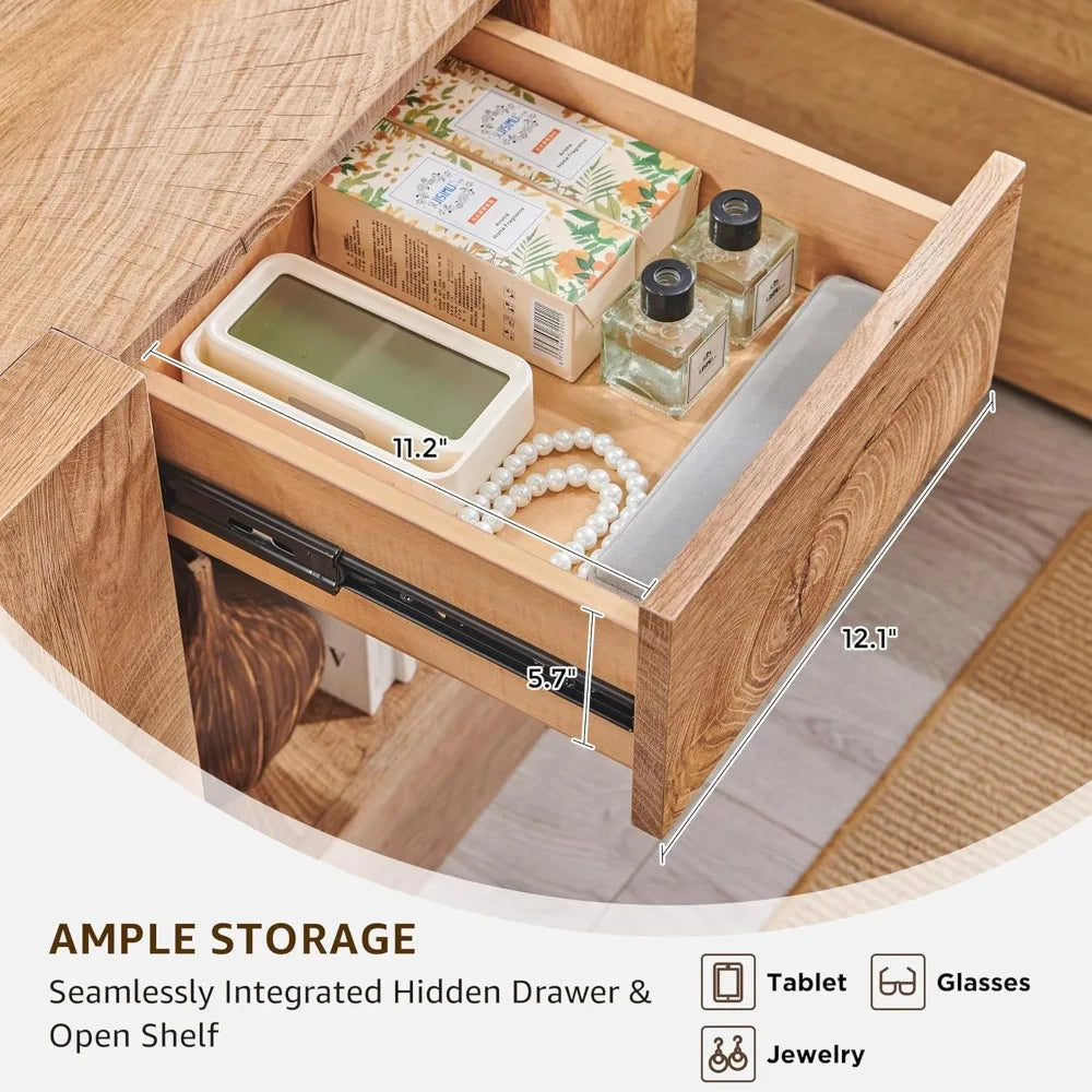24" Nightstand Charging Station, Hidden Drawers & Open Storage Shelf