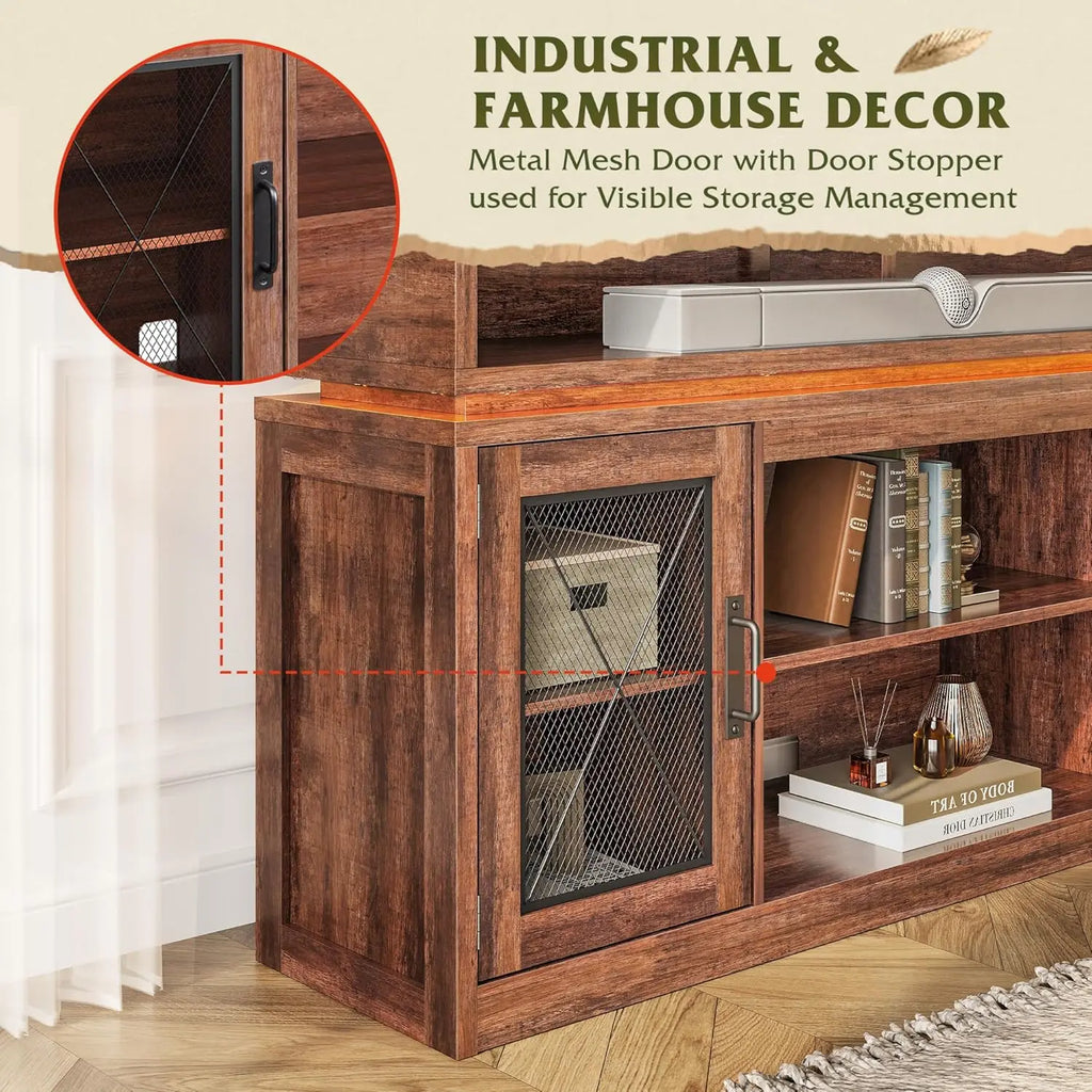 Farmhouse Entertainment Center for TV's Up to 65in, Cabinets, LED Lights