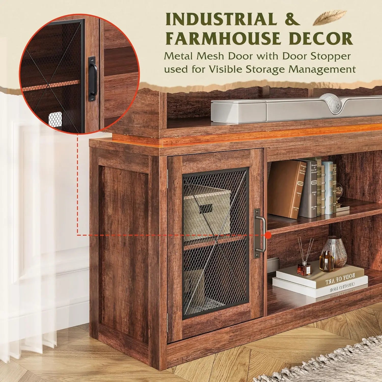 Farmhouse Entertainment Center for TV's Up to 65in, Cabinets, LED Lights