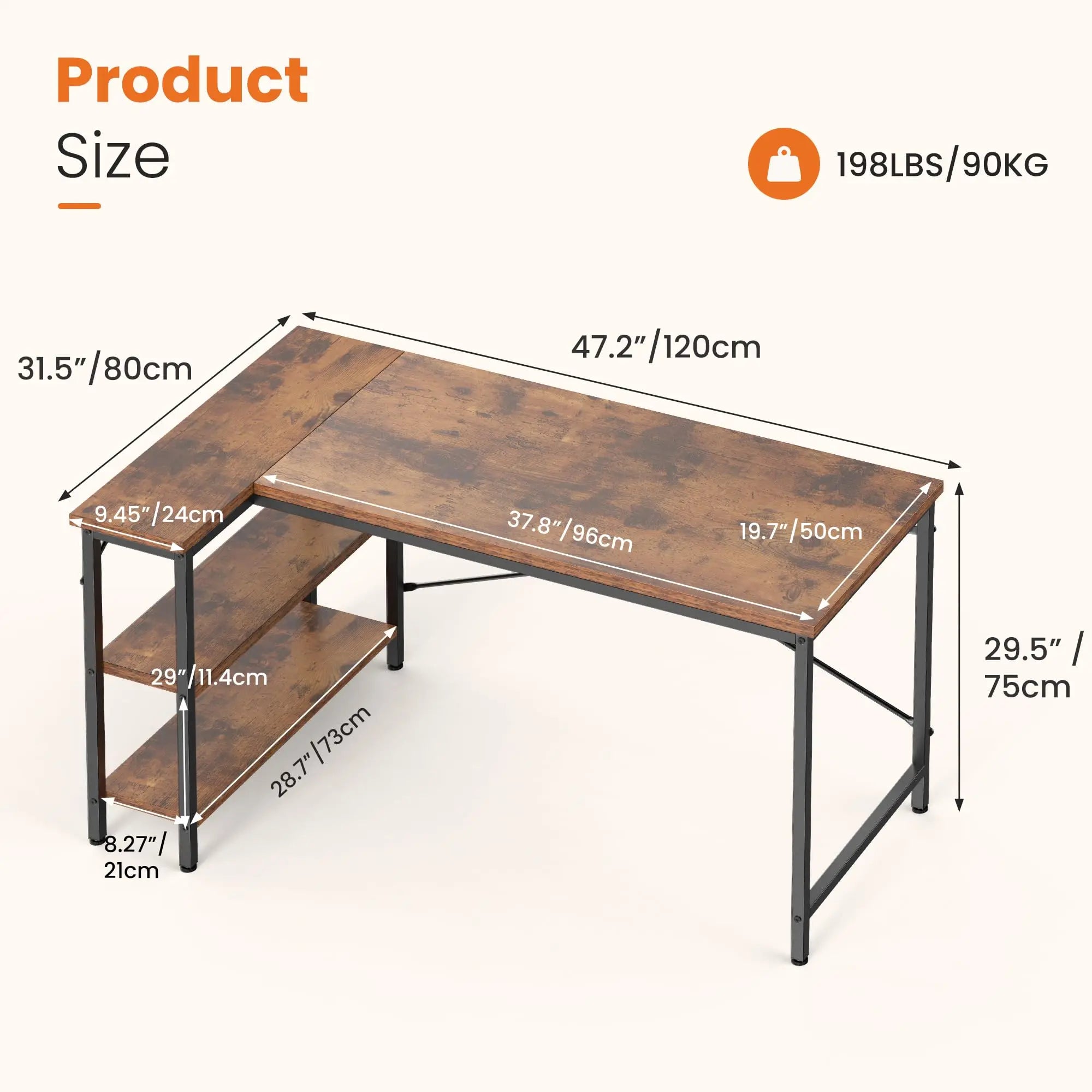 L-Shape Computer-Gaming Desk 47IN Corner Desks Reversible Shelves