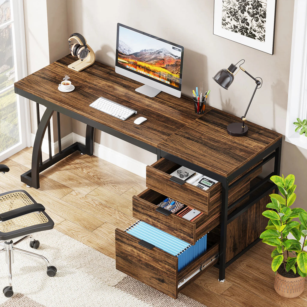 59IN Computer Desk w/3 Drawers, Reversible Drawers Adjustable Foot Pads
