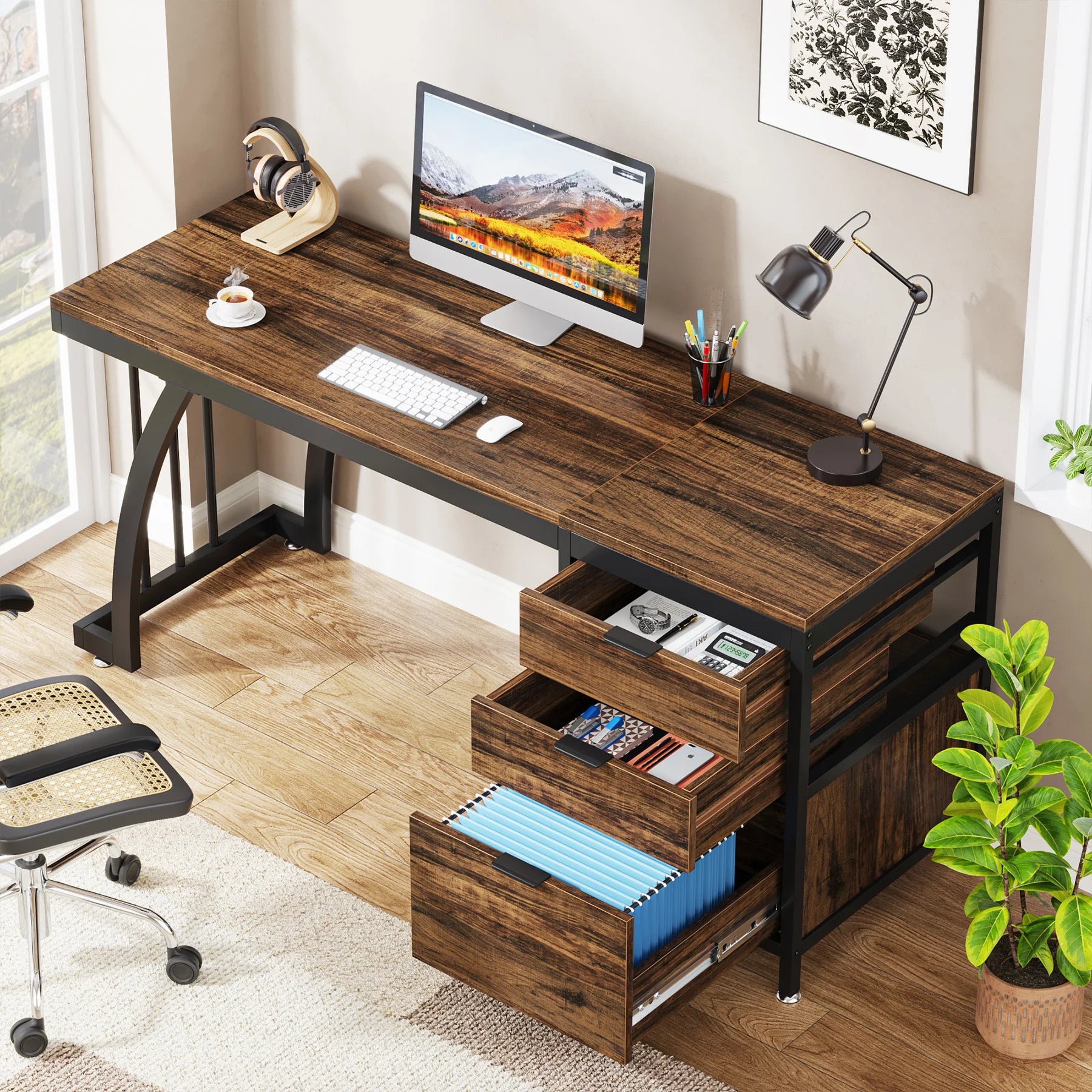 59IN Computer Desk w/3 Drawers, Reversible Drawers Adjustable Foot Pads