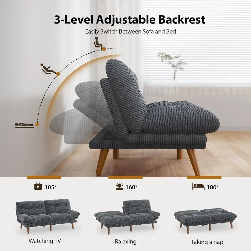 Futon Sofa Bed, 66IN Corduroy Recliner Sleeper, Adjustable Backrest, Armrests
