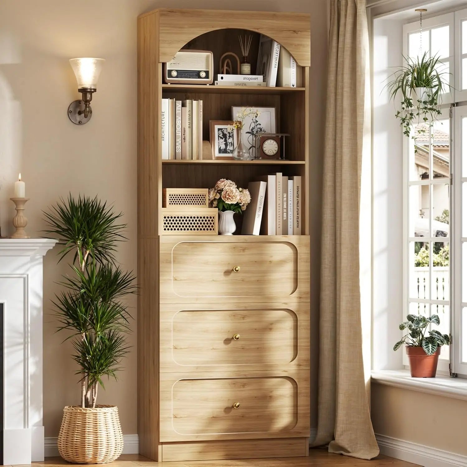 80" Wooden Arched Bookcase 3 Drawers 3-Tier Open Shelves