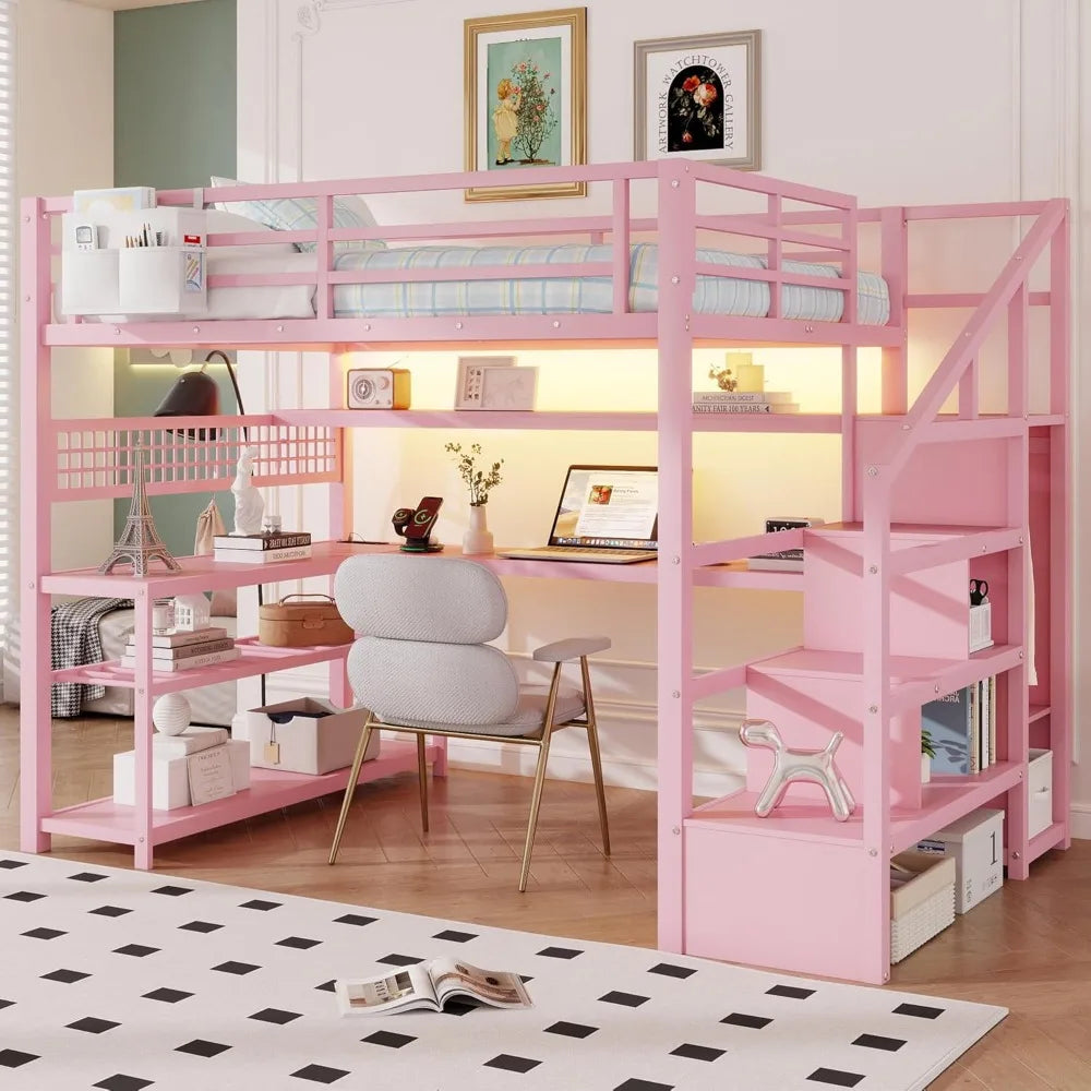 Full Size Loft Bed Frame w/Stairs, Desk, Storage Staircase, Charging Station & LED Light