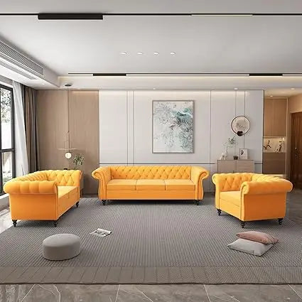 3-Piece Set, Velvet Chesterfield Sofa, Loveseat, Chair with Scroll Arms