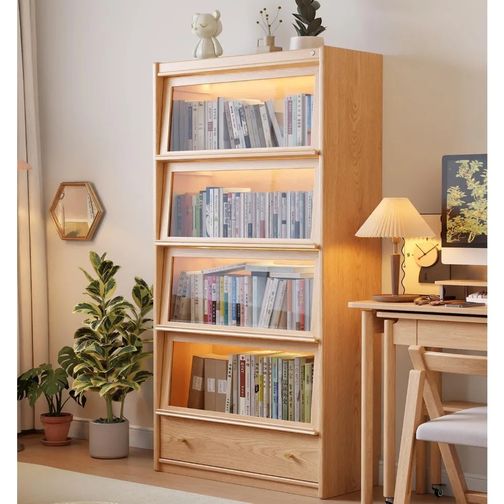73" Tall 4 -Tier Wood Bookcase, Flip-Up Tempered Glass Doors, 3 Color LED