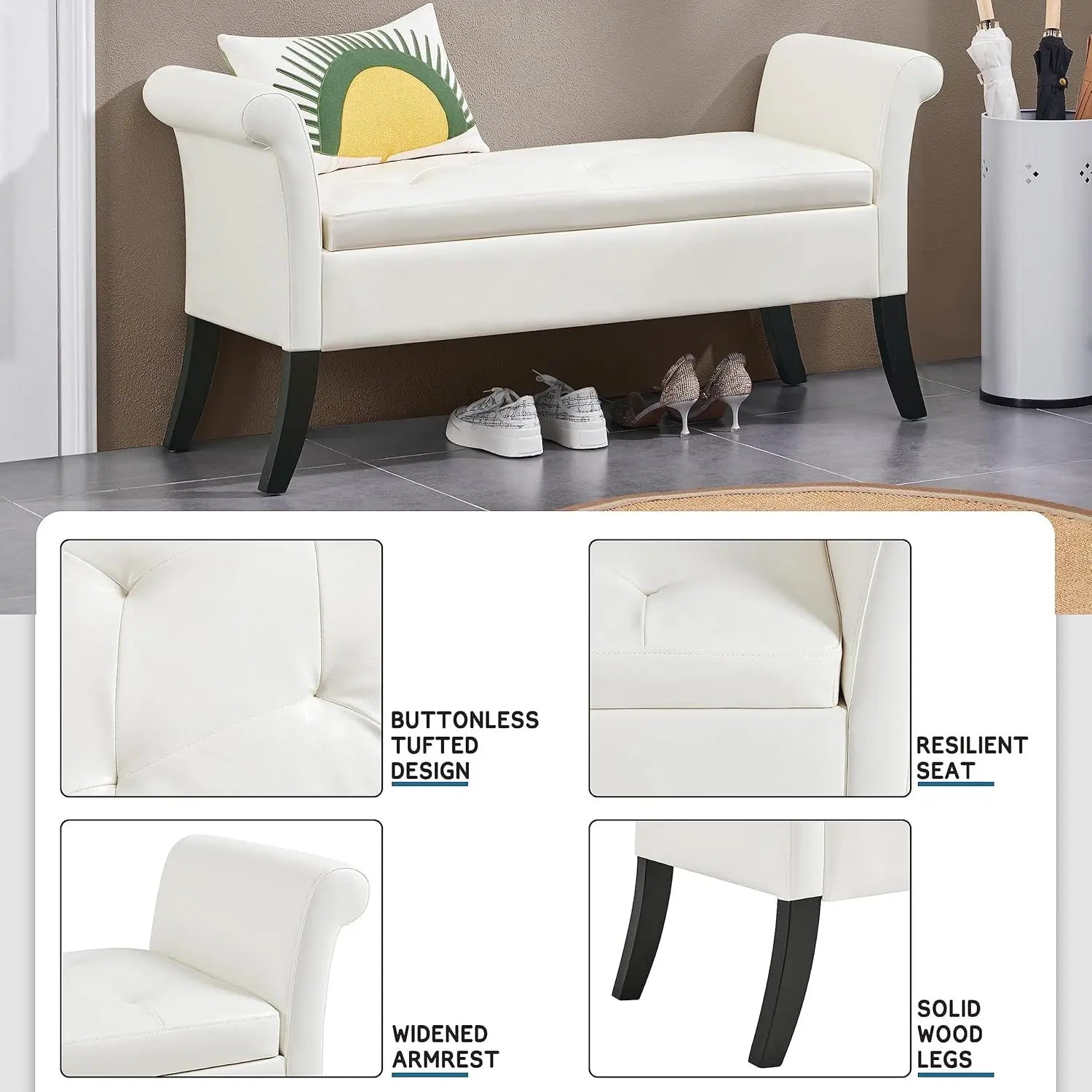 Storage Bench Leather Rolled Arms White