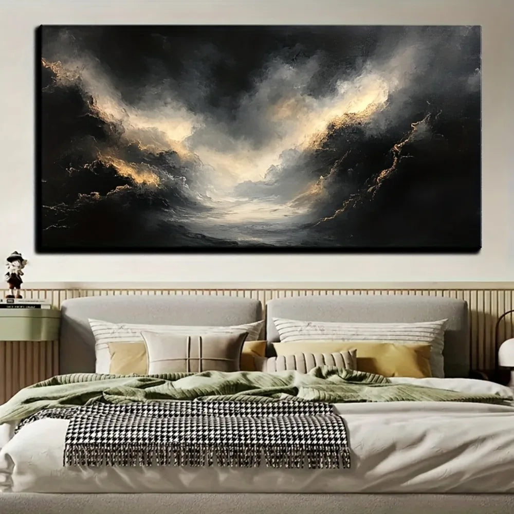 Abstract black gold oil painting, interior painting, 1.5IN thick pine frame