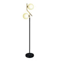 Two Milky White Glass Orbs Brass Finish Floor Lamp