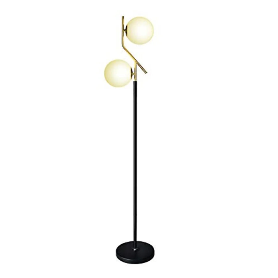 Two Milky White Glass Orbs Brass Finish Floor Lamp