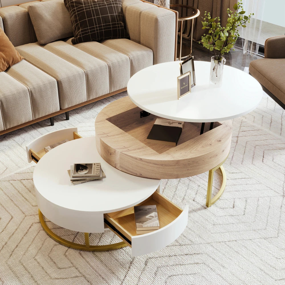 Height-adjustable Nesting Coffee Table Hydraulic Lift Function, Two Drawers