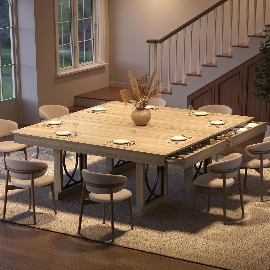 71" Dining Table Seats 6-8 People With 2 Drawers, Double Pedestal