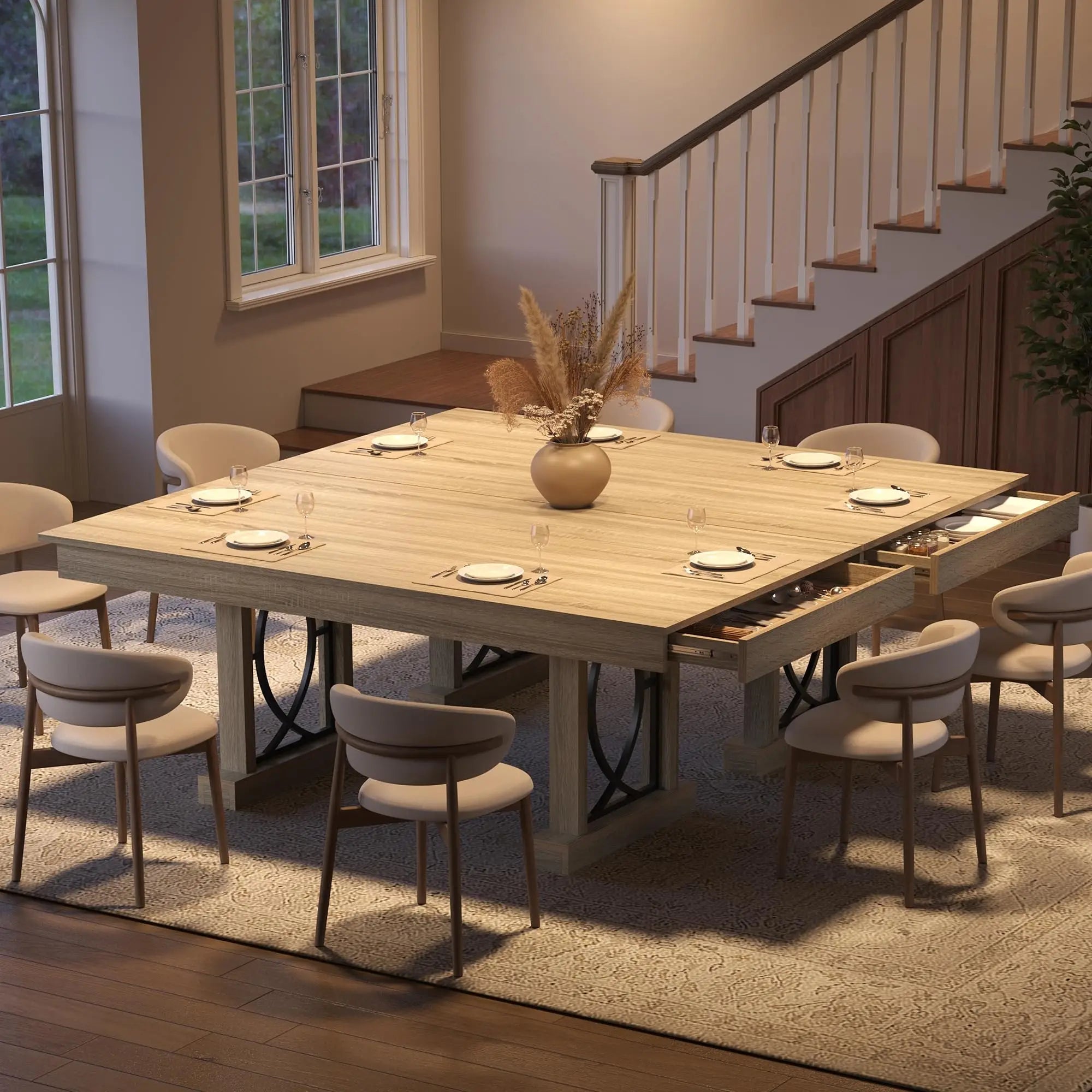 71" Dining Table Seats 6-8 People With 2 Drawers, Double Pedestal
