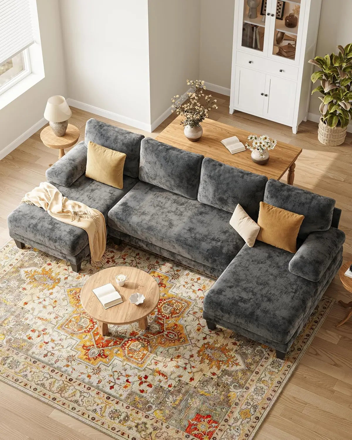 U-Shaped Sectional Couch | Chenille Sofa Double Chaise | 112IN
