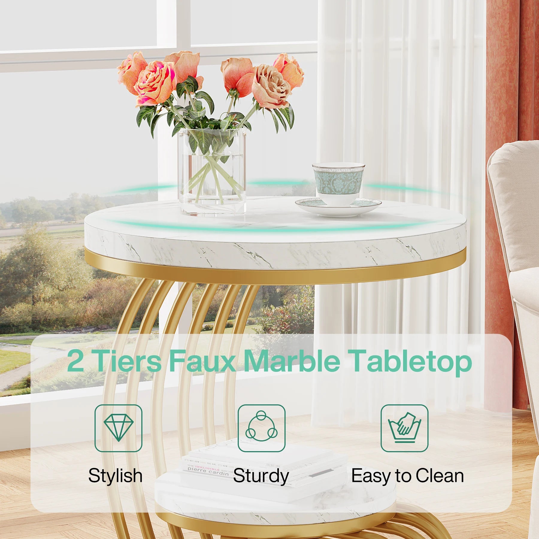 Gold Round End Table 2-Tier, Faux Marble, Storage Shelf
