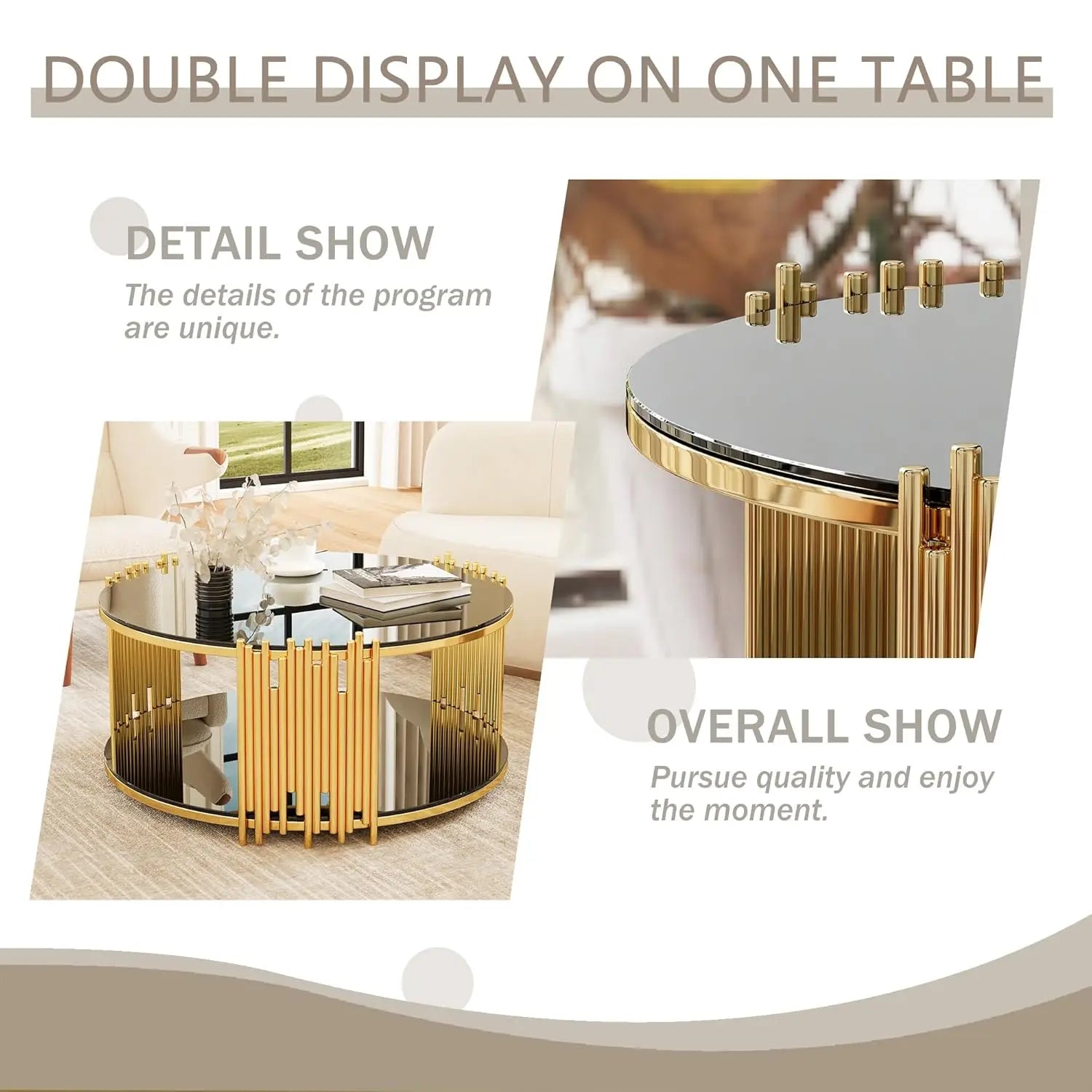 2-Tier Black, Brown or Clear Glass Coffee Table Gold Stainless Steel Base