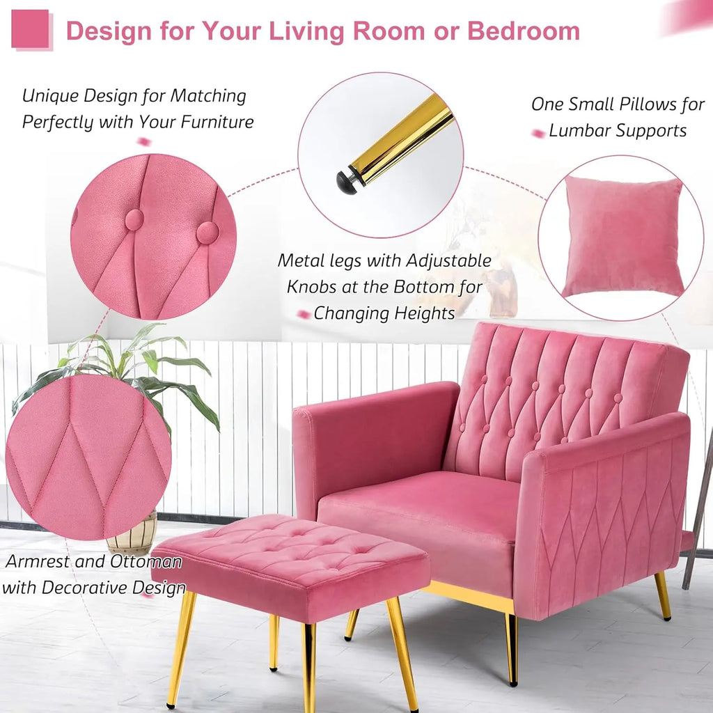 Velvet Recliner Chair Adjustable Armrests and Backrest, Button Tufted Chair