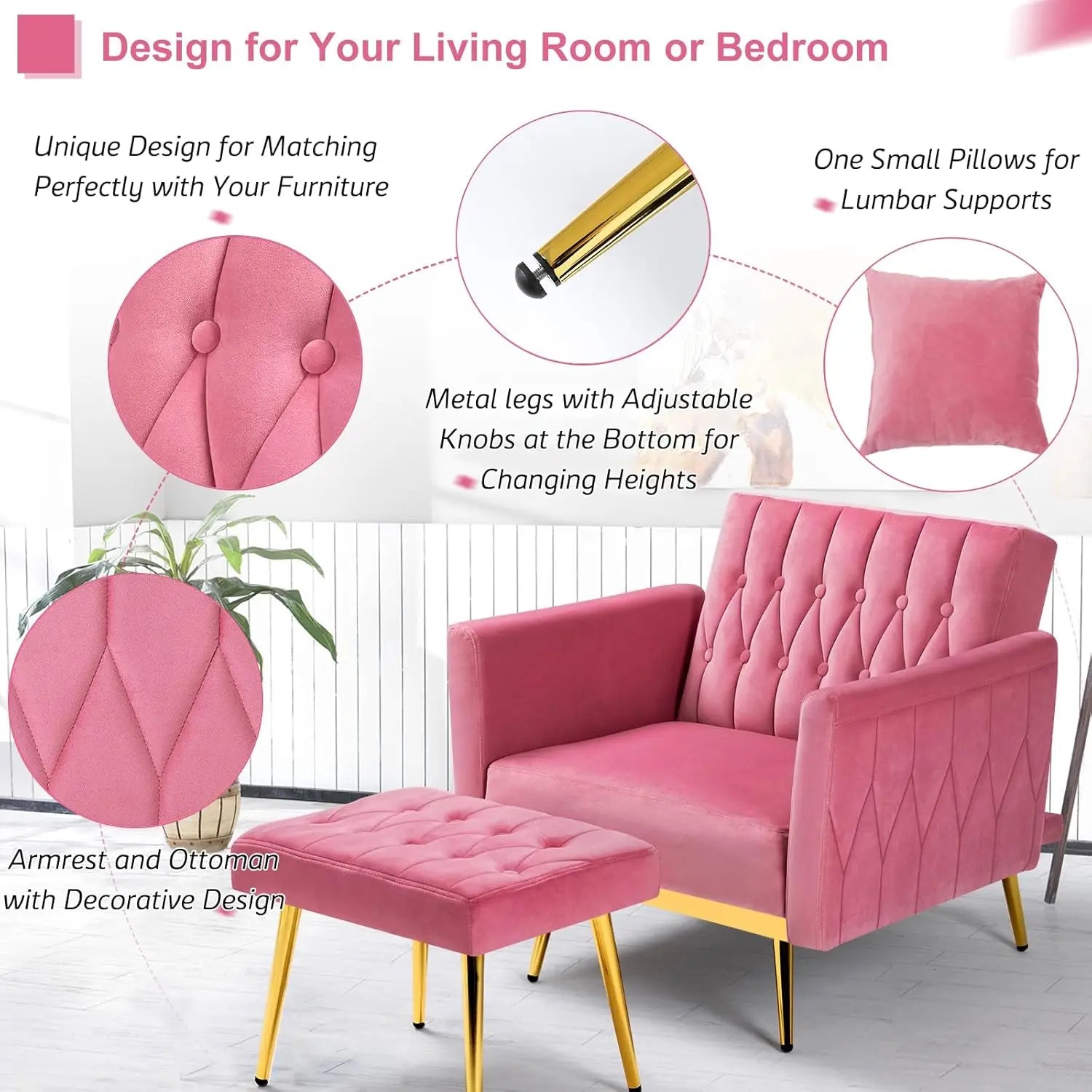 Velvet Recliner Chair Adjustable Armrests and Backrest, Button Tufted Chair