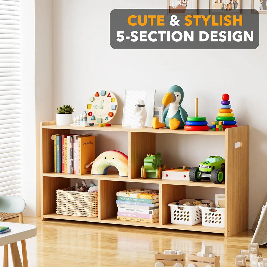 5-Compartment Bookshelf,  Montessori Bookcase Toy Storage, Natural Finish, 44.5" Wide