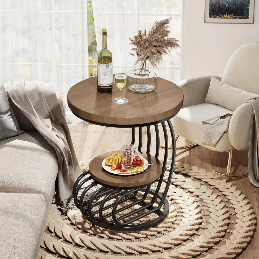 Round End Side Table:   2 Tiers Shelves, Vintage End Table