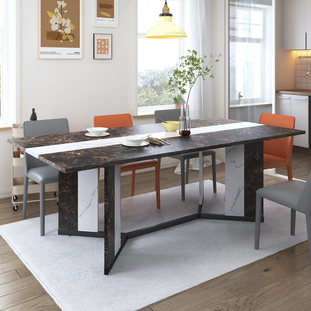 71IN Rectangular Table for 4-10 people, Marble Color Wood Tabletop, Metal Legs