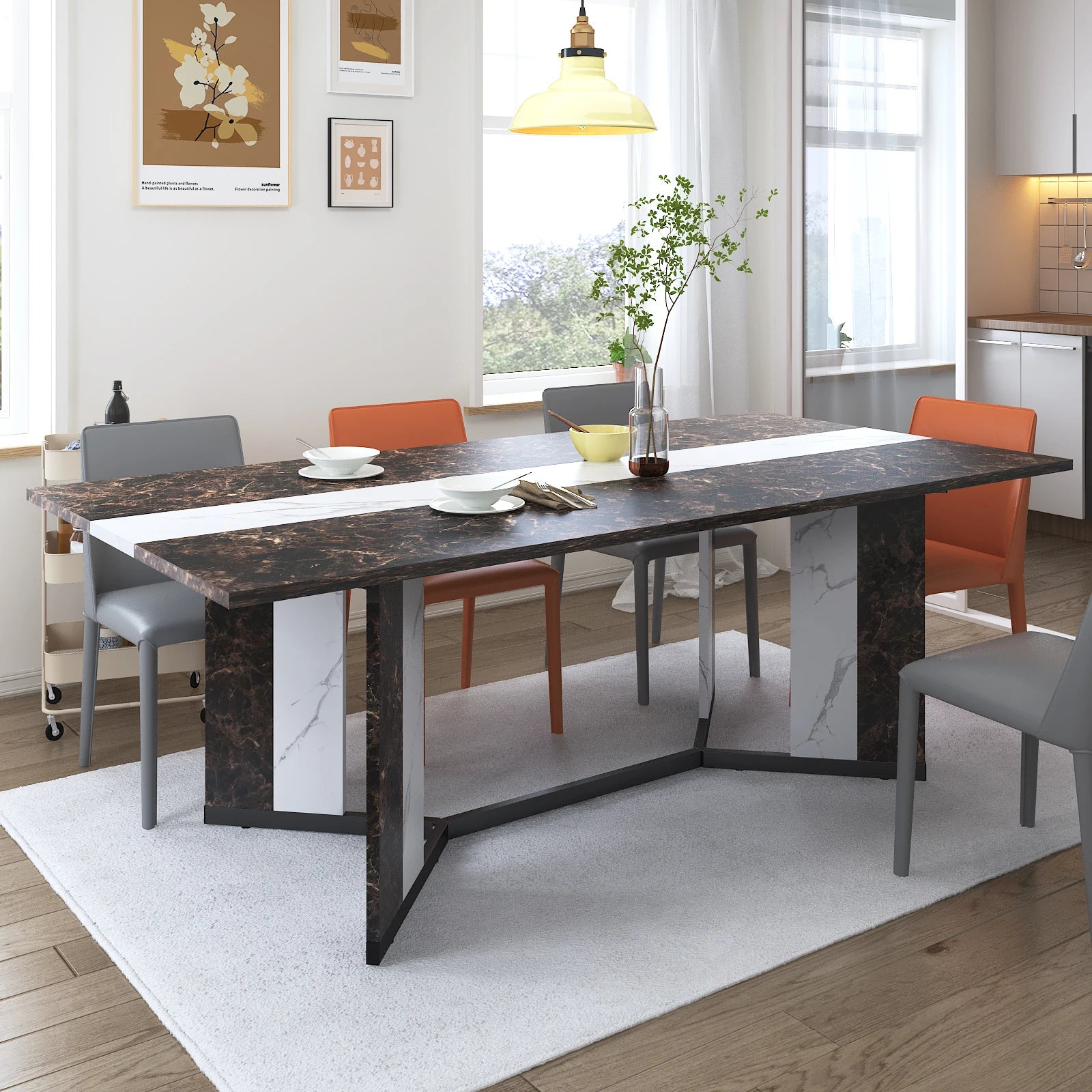 71IN Rectangular Table for 4-10 people, Marble Color Wood Tabletop, Metal Legs