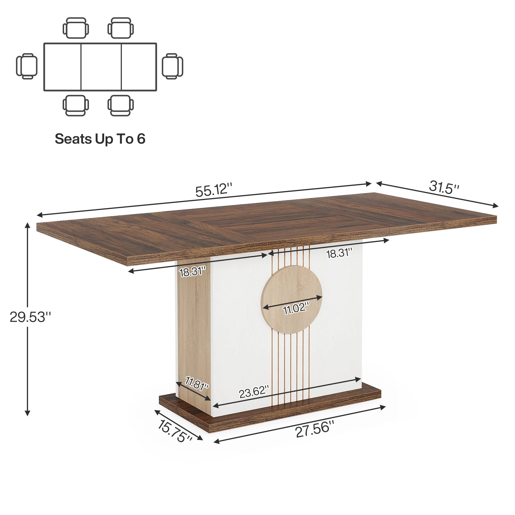 55" Rectangular Farmhouse Wood Dining Table for 4 to 6 People