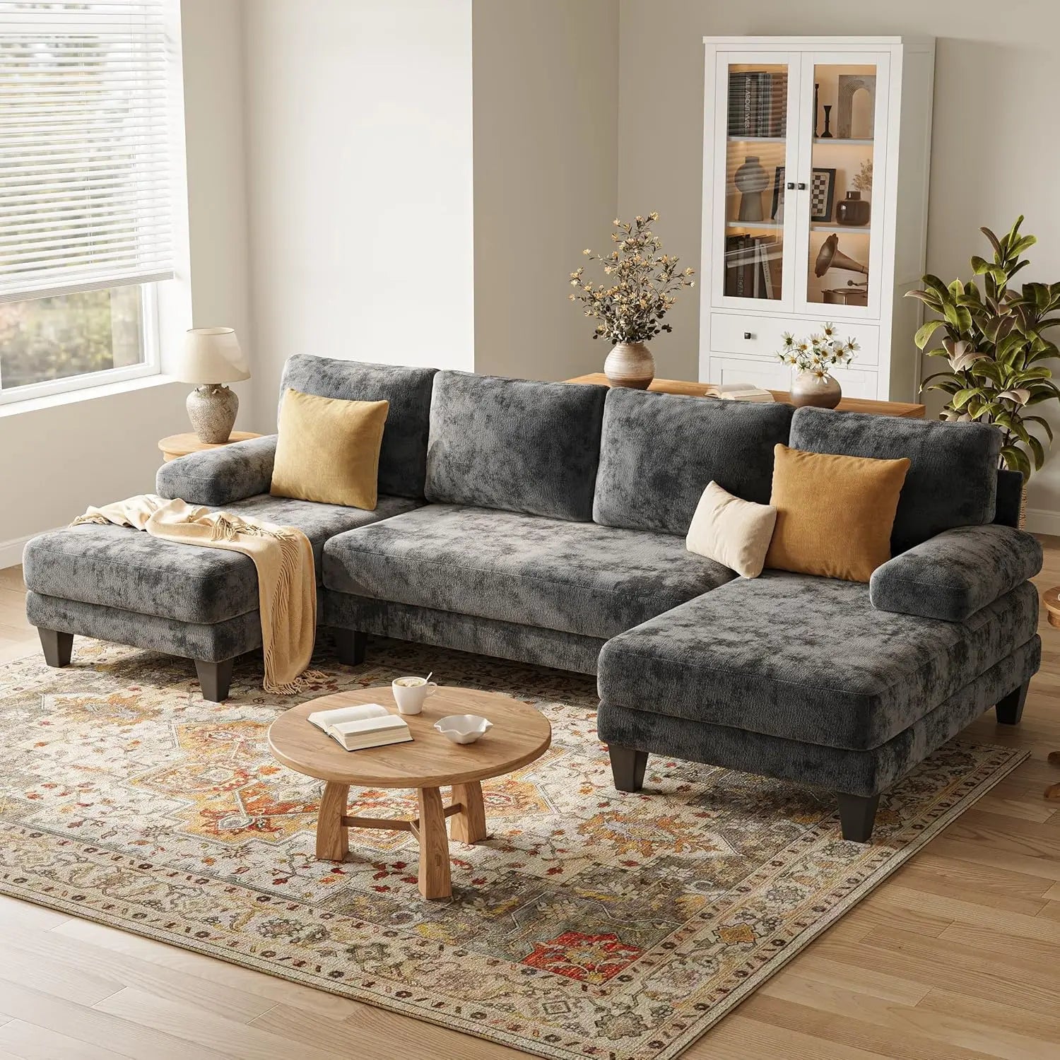 U-Shaped Sectional Couch | Chenille Sofa Double Chaise | 112IN