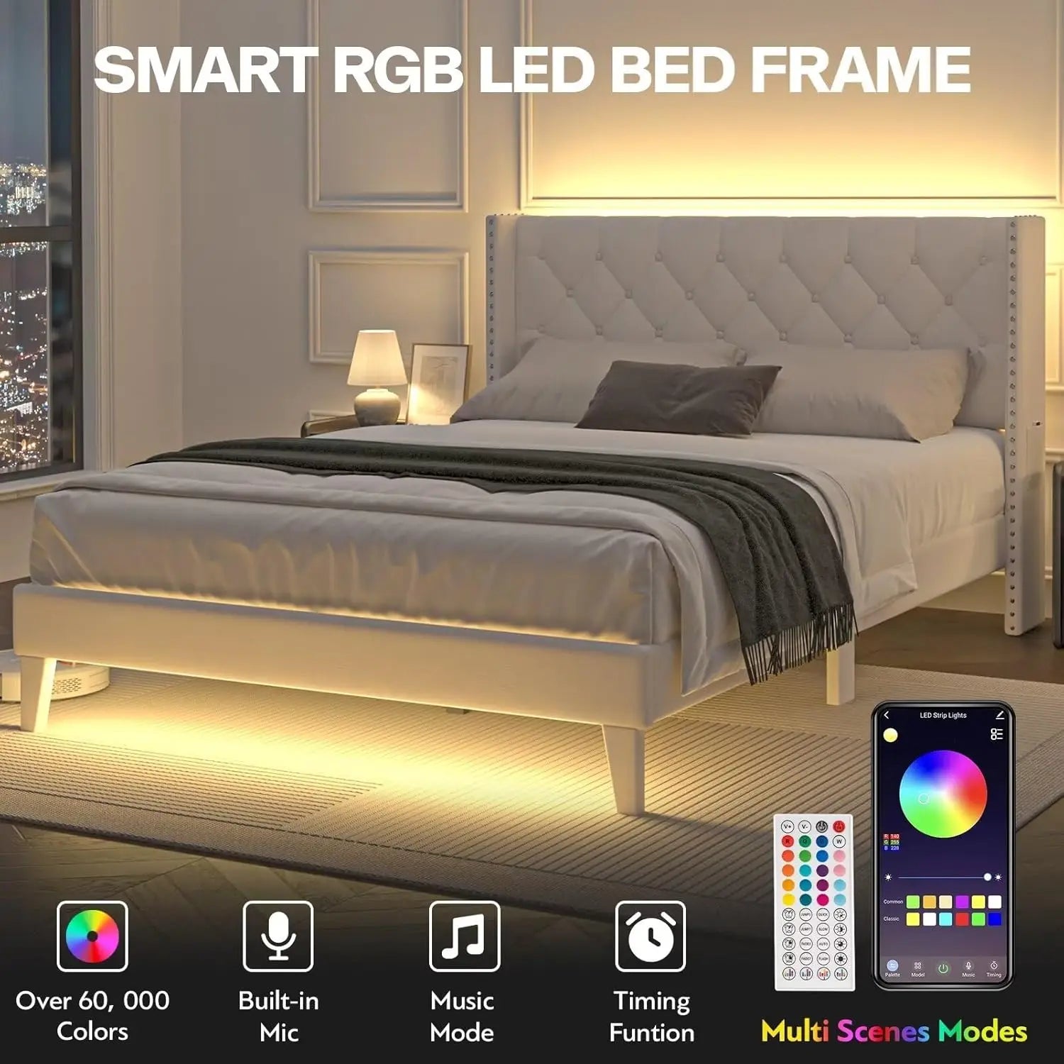 Full Size LED Bed Frame Velvet Upholstery, Tufted Headboard, Wooden Slats