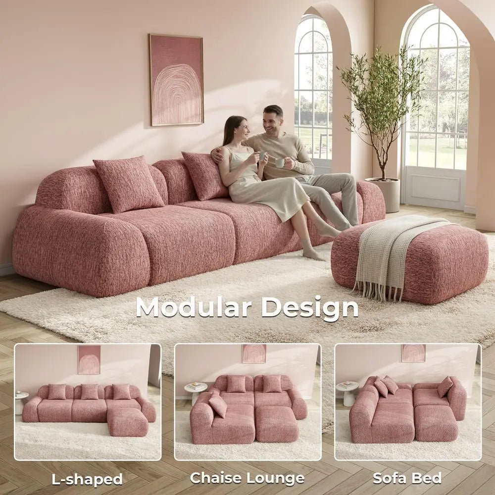110 L-Shaped  Luxe Chenille Upholstered Boneless Sectional Sofa, Ottoman