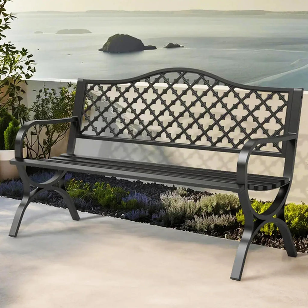 50in Copper Cast Iron Steel Bench, Chair w/Floral Backrest Slatted Seat