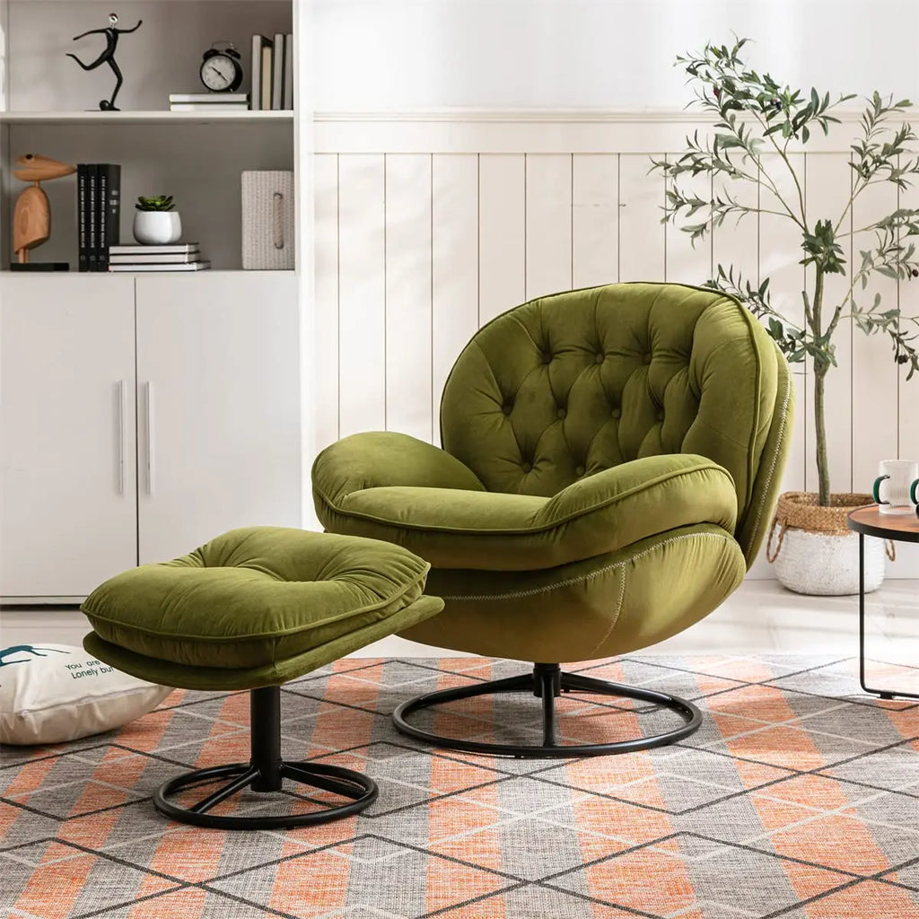 Swivel Accent Lounge Chair, Ottoman Set, Velvet Button Tufted Recliner