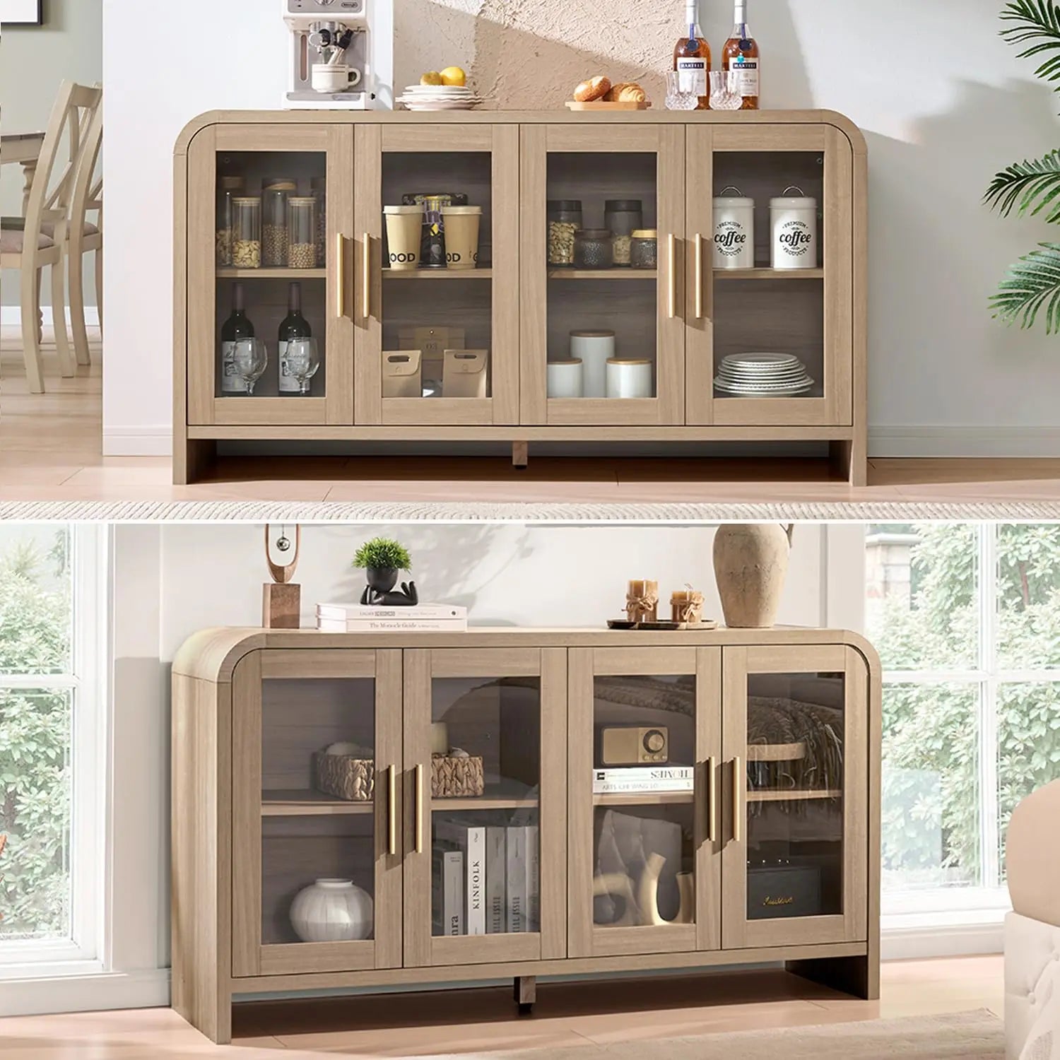 59" Sideboard Buffet Cabinet Storage, Adjustable Shelves 4 Glass Doors