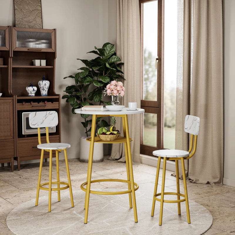 3 PC Dining Table and Chairs Set with 2 Stools Faux Marble Tabletop