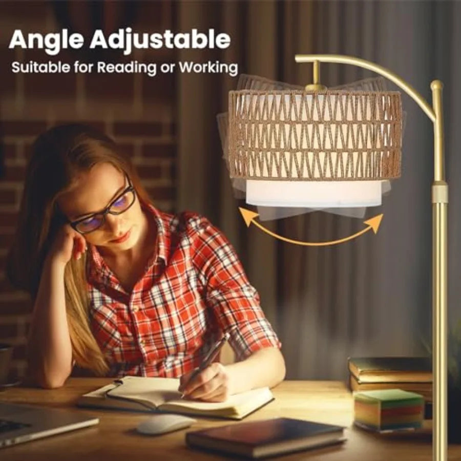 Arc Gold Floor Lamps, Remote Control, Dimmable Bulb, Rattan Boho