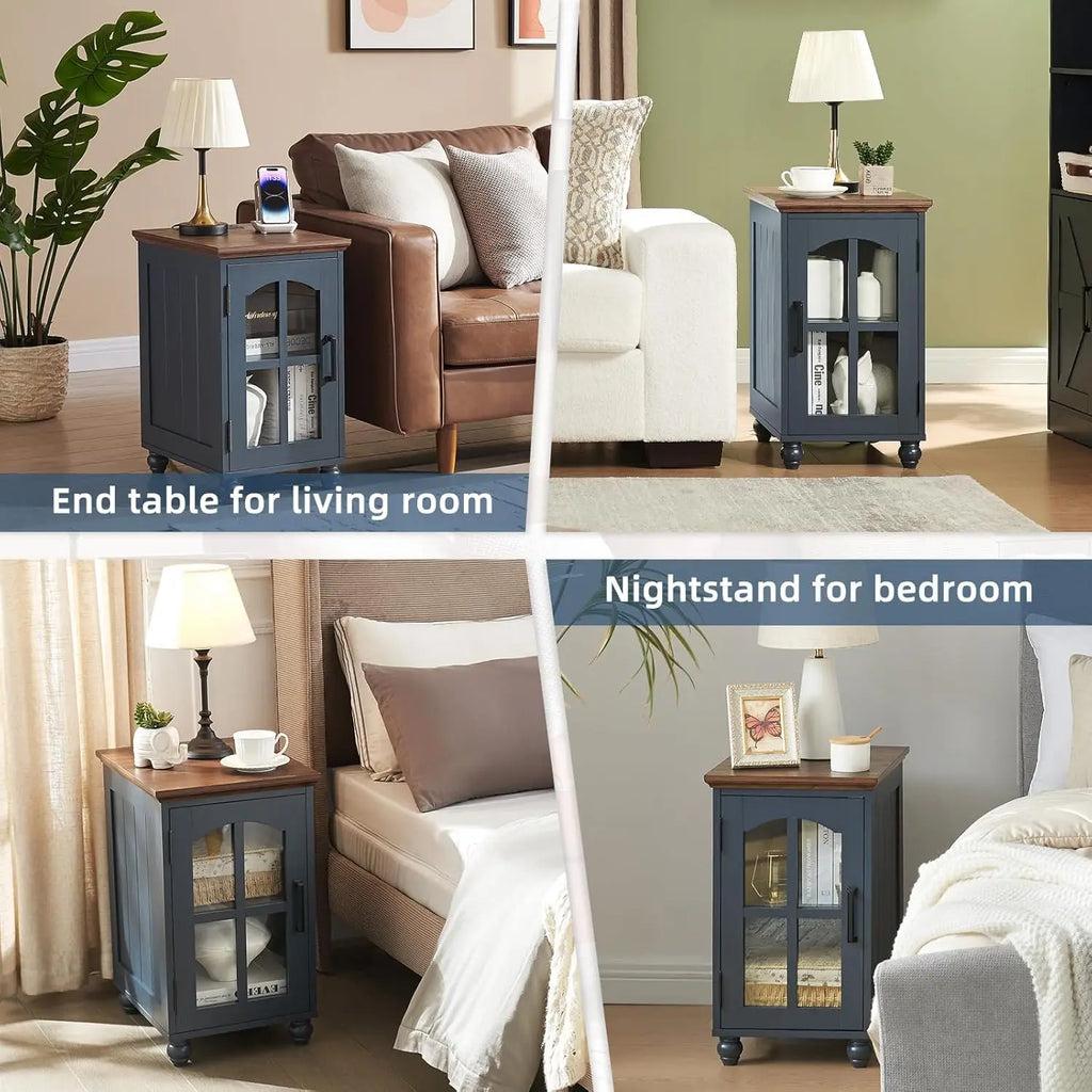 Narrow End Table Set of 2 Charging Station Glass Door