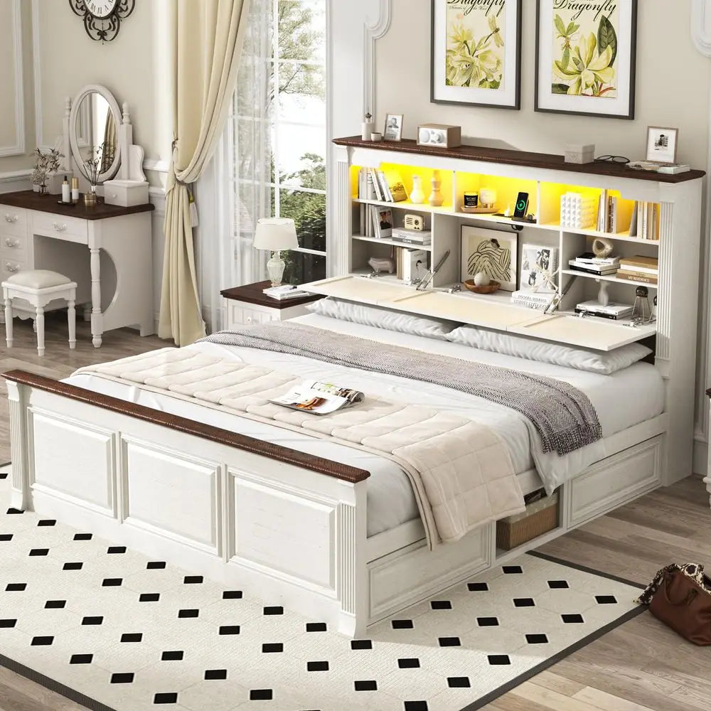 King Size Bed Frame 55" Tall Storage Headboard, 4 Drawers, 24" Tall Footboard