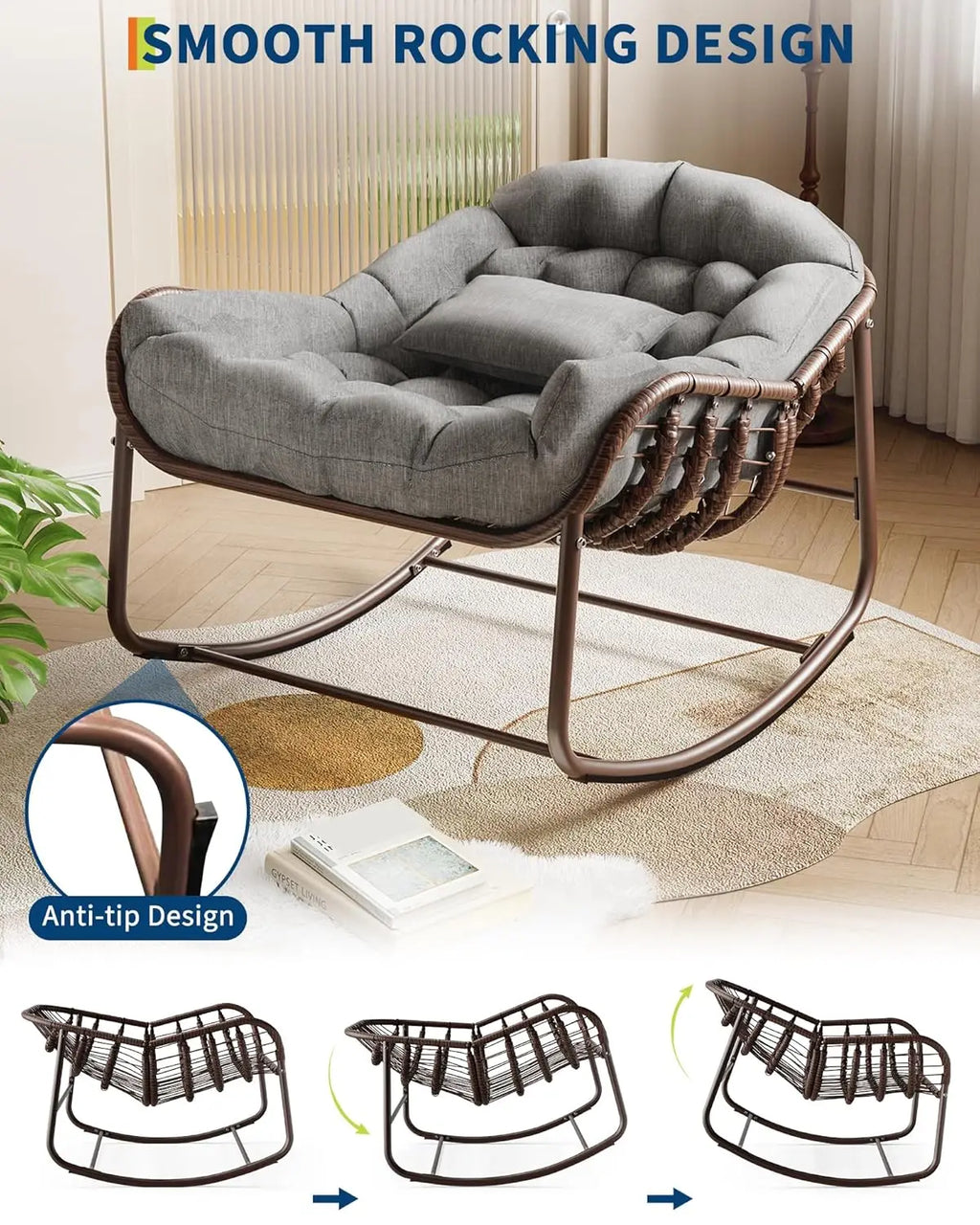 Oversized Wicker Papasan Rocking Chair, Cushion & Metal Frame