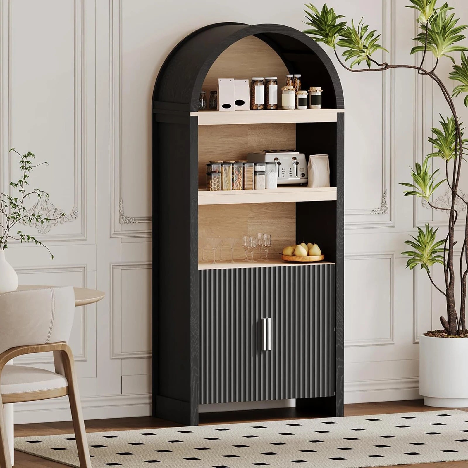 71IN Arched Bookcase 5-Tier Storage Doors Open Shelves