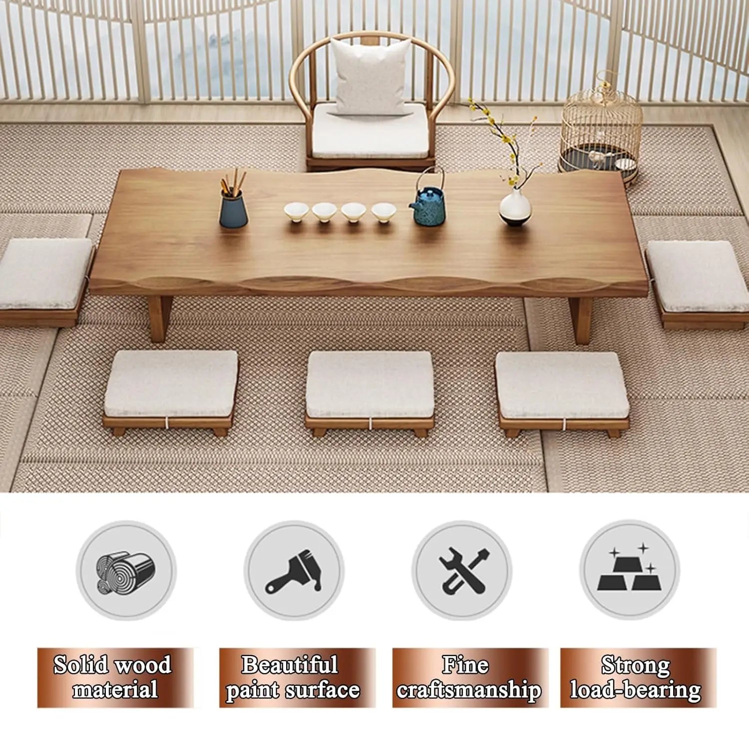 Solid Wood Low Floor Table, Meditation, Tea Ceremony 47.2 x 23.6 x 13.7IN