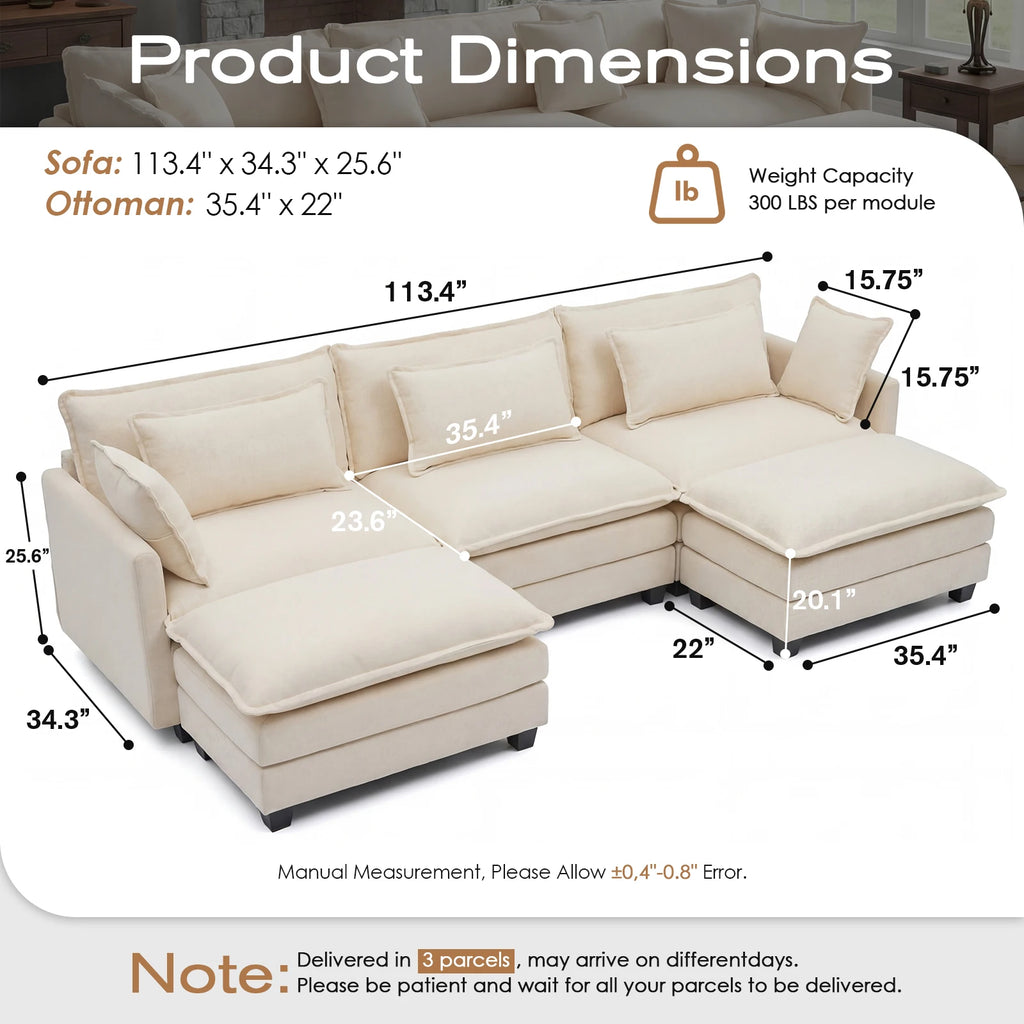 113.4" Sectional Sofa, Ottoman, Cloud Couch, Deep Seat (23.6" D)