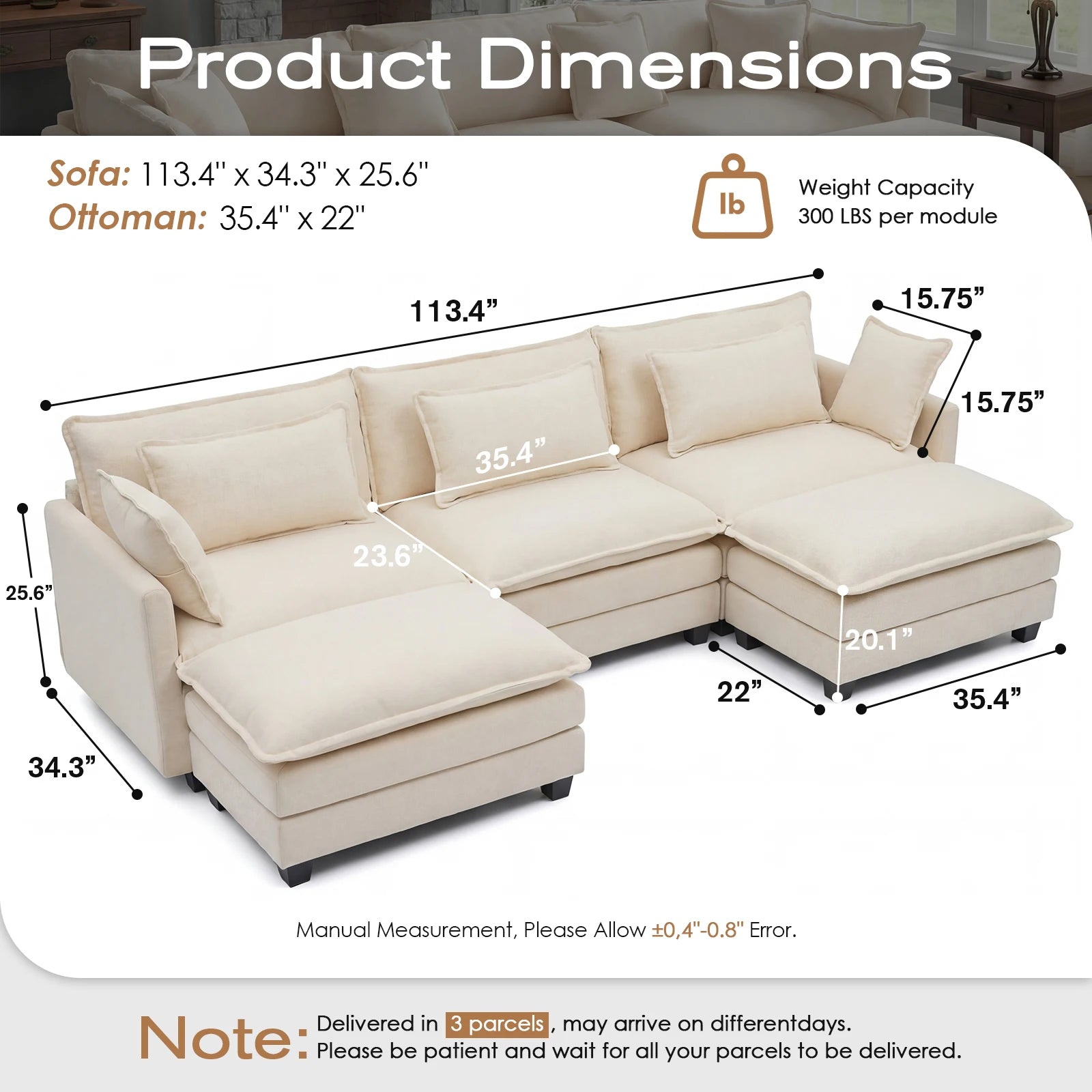 113.4" Sectional Sofa, Ottoman, Cloud Couch, Deep Seat (23.6" D)